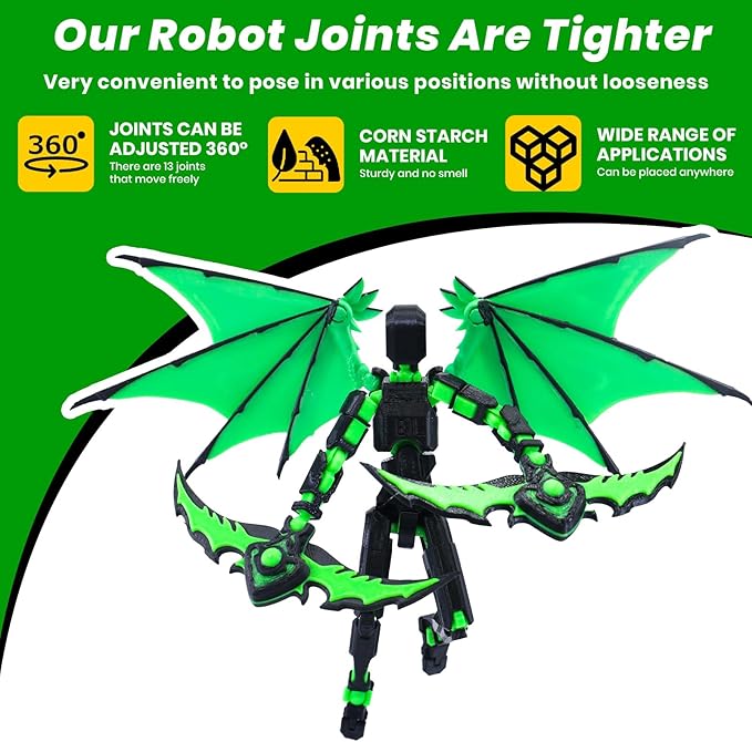 Titan 13 Robot Action Figure,Dummy 13,Articulated Robot with Demon Wings, 3D Printed robo 13 Action Figure Articulated (Bamboo Green)