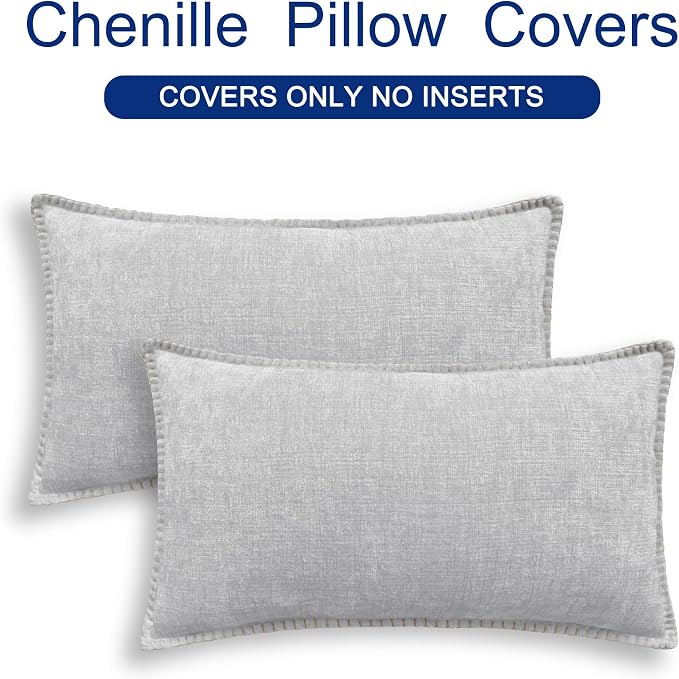 CaliTime Decorative Couch Throw Pillow Covers 20 X 12 Inches Moonbeam Gray | Pack of 2, Cozy Chenille Cushion Cases, Cotton Thread Stitching Edges, for Sofa Bed Living Room Farmhouse
