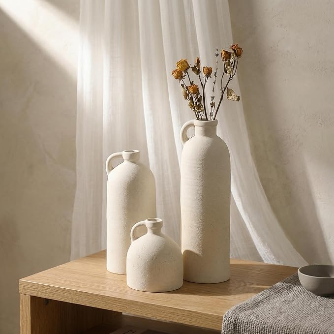 Flower Vase Set of 3, Ceramic Home Decor for Living Room - Modern Rustic Farmhouse Centerpiece for Table, Shelf & Bedroom - Decorative Vases for Office, Bathroom, Dining Desk