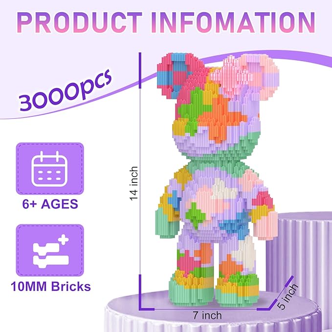 Bear Building Blocks with Organizer Bins (6000PCS), Fluorescent Bricks & Stroage Drawer, Gift for Adults & Kids, Ideal for Home & Office Decor, QR Code User Manual, 8887