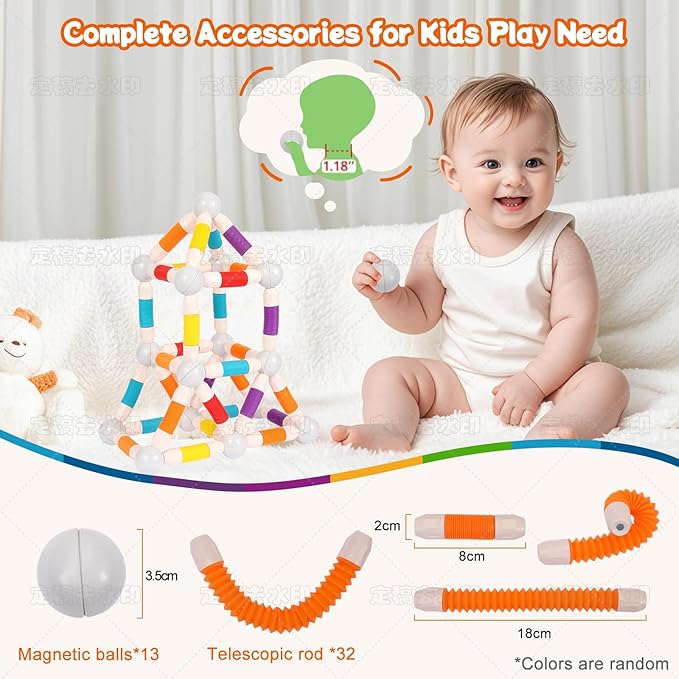 Extendable Magnetic Toy Montessori Toys for Kids Toddlers STEM Education Building Blocks 45PCS Extendable Building Block Set Birthday for Boys & Girls