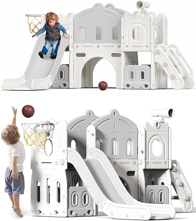 Glaf Toddler Slide 8 in 1 Indoor Playground for Toddlers 1-3 Outdoor Playset Kids Slides for Backyard Baby Slide Climber Slides with Telescope Basketball Hoop Tunnel and Ball (Grey)