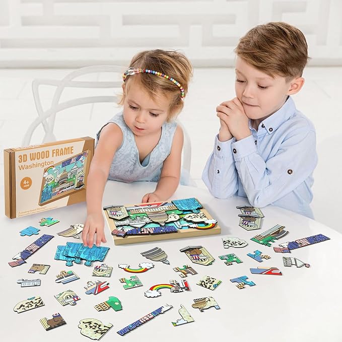 LQG Art Crafts Gift for Kids 4-8 Ages 3D Wooden City Landmark Series Frame Kit for Kids - DIY Washington Cartoon Style Puzzle Toys Perfect Wall Art and Tabletop Decoration