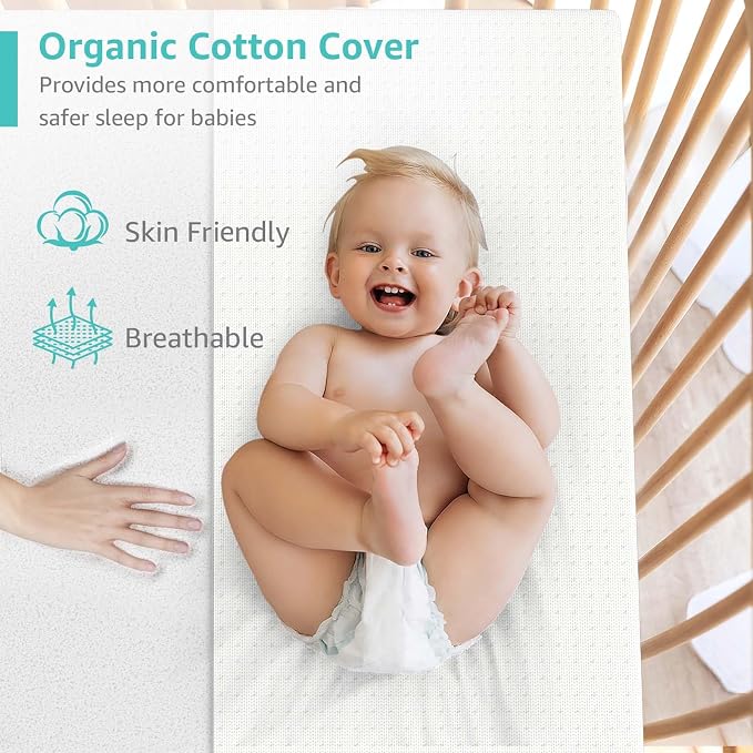 YENING Organic Cotton Pack and Play Mattress Pad Breathable 38x26 Waterproof Baby Mattress for Pack N Play Matress Topper Waterproof with Strap White