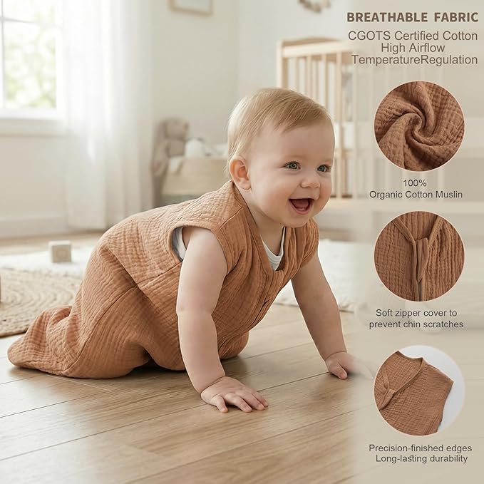 BSTOPPT 2 Pack Baby Sleep Sack 18-24 Months 100% Organic Cotton Muslin Baby Sleeping Bag 2-Way Zipper Wearable Blankets TOG 0.3 (Beige & Khaki, X-Large)
