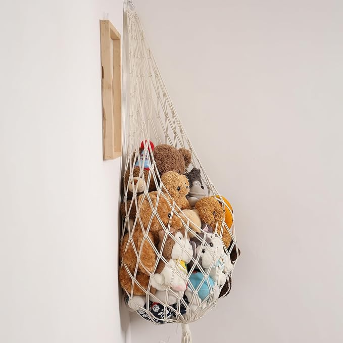 Stuffed Animal Storage Organizers Corner Hanging Ne 60" L Stuffy Animal Hammock Macrame Toy Display Plush Toy Holder Wall, Kid Bedroom Decor Boho Nursery Playroom Organizer 60" L (Cream)