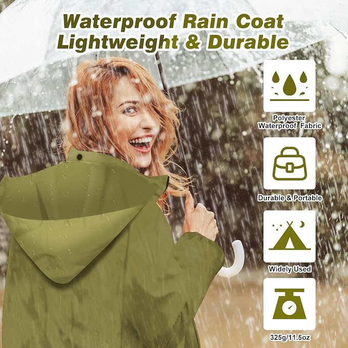 LAMA Womens Long Raincoats Rain Jacket Waterproof Packable Hooded Windbreaker Lightweight Adjustable Waist for Outdoor