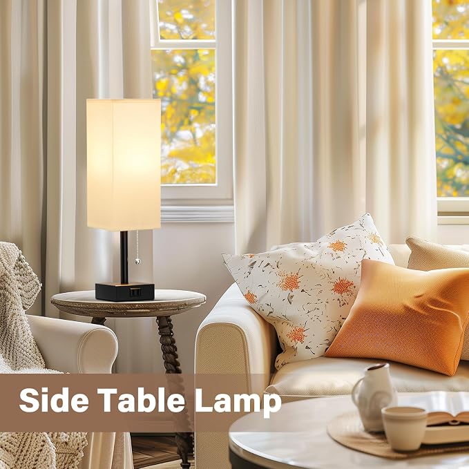 White Bedside Lamps for Bedroom Set of 2 - Small Rectangular Nightstand Lamp with AC Outlet Charging Port, 3 Color Temperatures Desk Light with Bulb, Tabletop Reading Lamp for Living Room/Dorm/Office