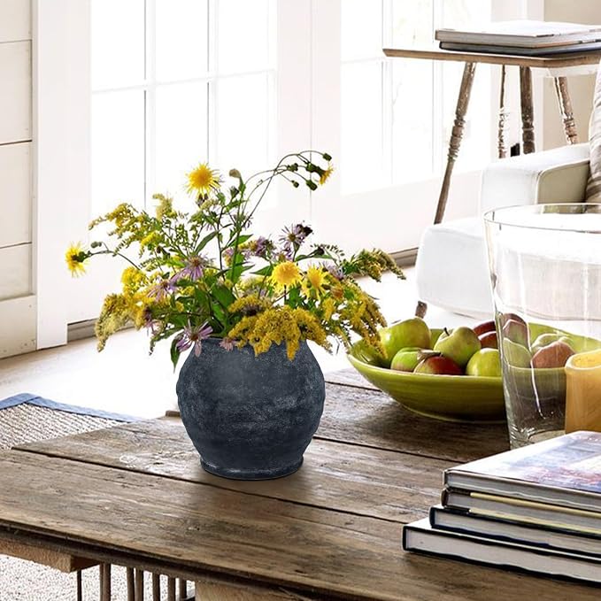 Briful Rustic Vintage Ceramic Pottery Vase, 6.1'' Farmhouse Table Decor with Distressed Texture, Wide Mouth Decorative Jar Vases for Home Decor, Shelf & Entryway, Black