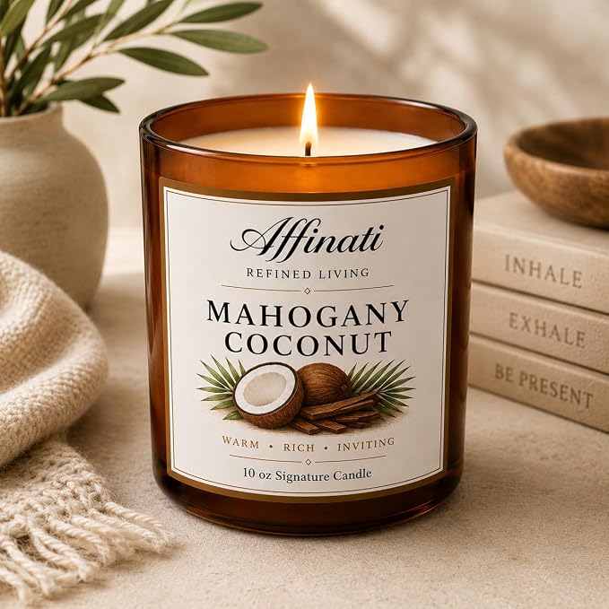 Affinati Mahogany Coconut 10 oz Scented Candle – Long Lasting Luxury Soy Blend Candle for Home, Strong Scent Throw Rich Wood & Sweet Tropical Vibe Candle, Premium Elegant Home Fragrance Gift