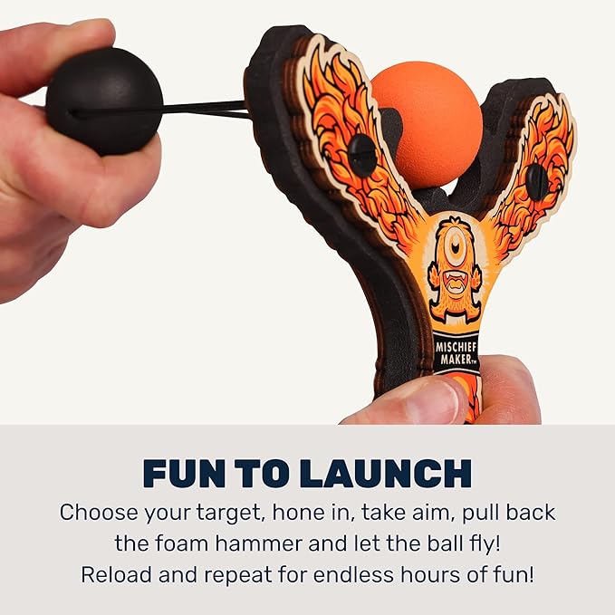 Mischief Maker® Wooden Slingshot - Lil’ Monster Series - Real Wood Slingshot for Kids, 4 Soft Foam Balls and Storage Bag - Ages 4+ (Orange)