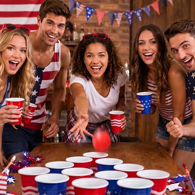 60 Pieces 4th of July Cup Pong Game Set 16 oz Red & Blue Patriotic Plastic Cups with 10 Red & Blue Balls for Independence Day Party Games, Backyard BBQ, Patriotic Decorations & Supplies