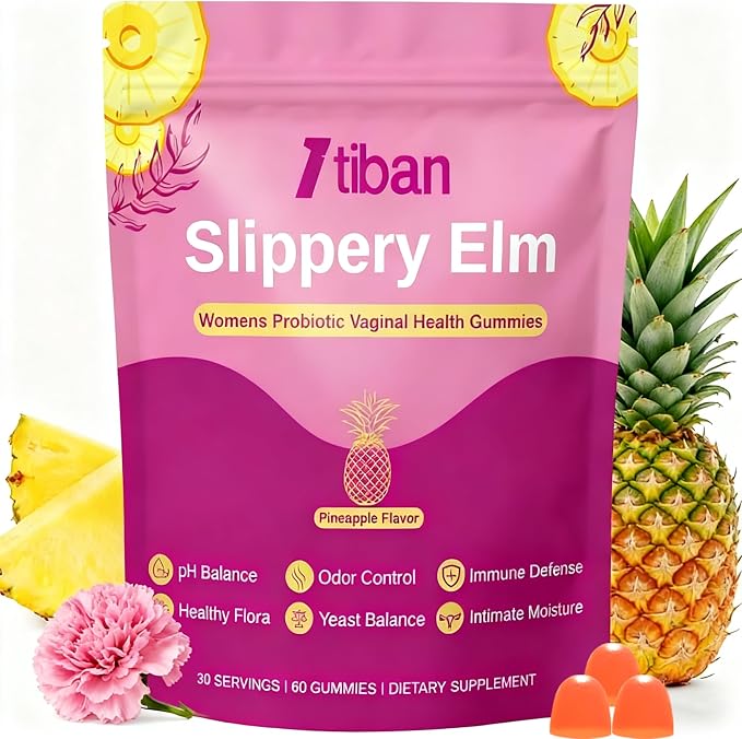 Slippery Elm Feminine Probiotic Moisture Gummies, pH Balance, Vaginal Flora, Odor Health with Bacillus coagulans, Delicious Pineapple Flavor, 60 Count