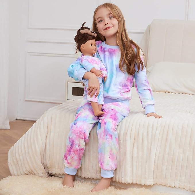 QPANCY Matching Doll & Girls Fleece Pjs Set kids Fall Winter Long Sleeve Sleepwear 2 Piece Pajamas
