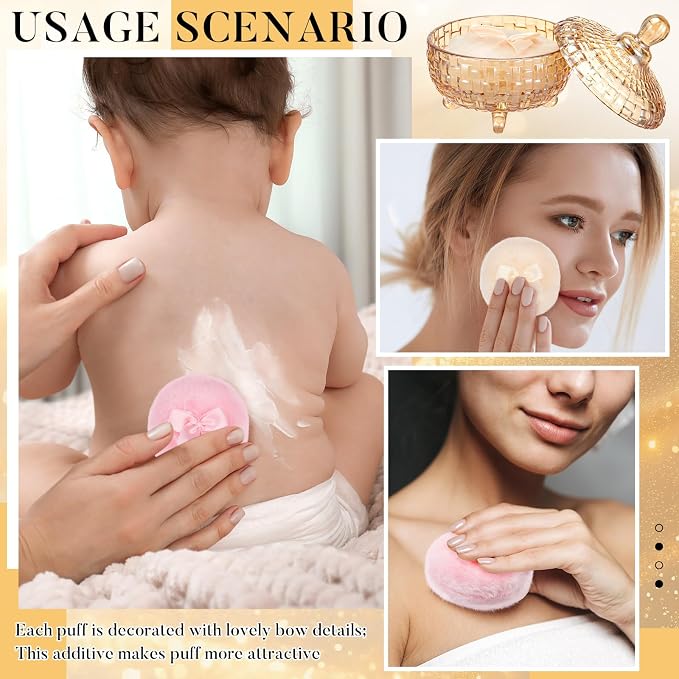 Tioncy 3 Pcs Large Body Powder Puff and Container Valentine's Day gift Powder Container with Puff Crystal Case Soft Washable Reusable Velour Face Body Glitter Wet Dry Makeup(Weave Design,Amber)