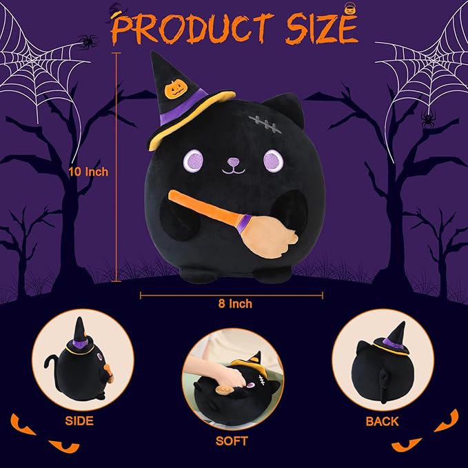 Halloween Cat Stuffed Animal Toy Mysterious Witch with Broom Stuffed Plush Home Decor Halloween Party Gifts for Kids Girls and Boys（Witch Broom Cat 10 Inch）