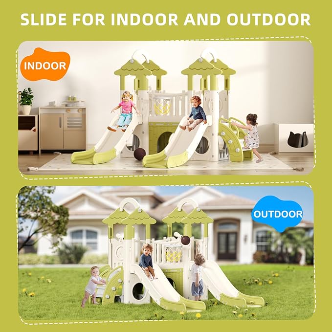 YUFU 9 in 1 Toddler Slide, Kids Slide Playset with Double Slide, Climber, Basketball Hoop, Tunnel and Storage Space, Indoor Outdoor Playground for Toddlers Age 1-3 (Green)