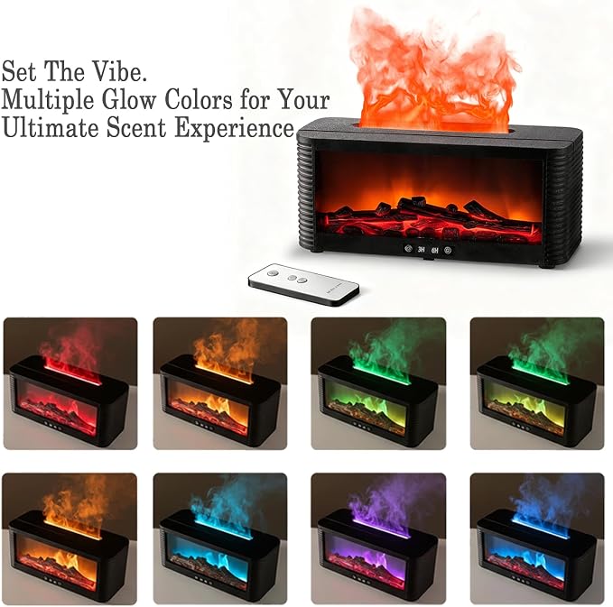 Fireplace Flame Aromatherapy Diffuser, 250ml Ultrasonic Cool Mist Humidifier with Remote Control, 7 Colors Firelight Essential Oil Diffuser for Home and Office (Black)