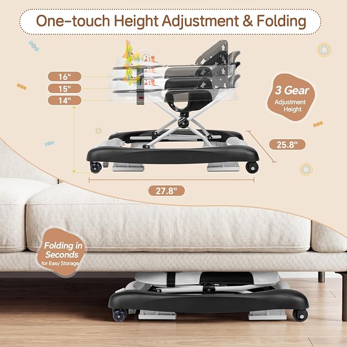 5 in 1 Baby Walker, Music and Lights Foldable Baby Walker with Wheels, 3 Adjustable Heights, with Bouncer Combo, Rocker, Activity Walker for Baby Boy and Girl 6-18 Months (Black)