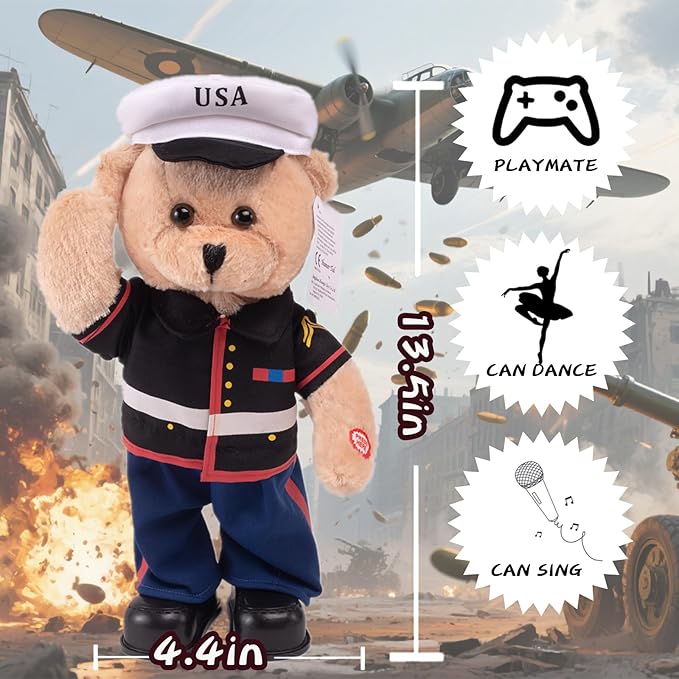 Children's Idol Military Hero Teddy Bear Stuffed Animals Singing Dancing Teddy Bear Stuffed Animal, US Army Theme Music Plush Toys,Independence Day Birthday Gifts for Kids .14"(Camouflage Army)