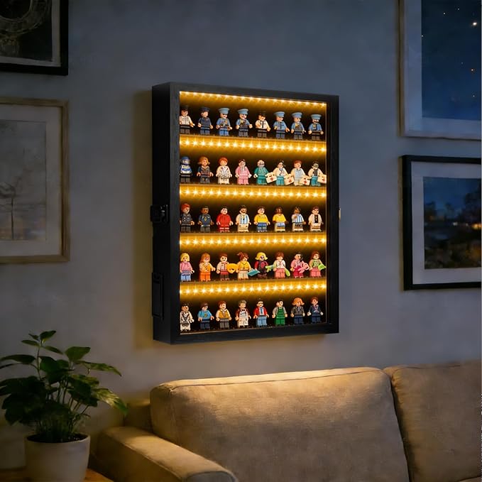 Minifigure Display Case – Black 16″ × 11″ × 2″ Showcase Cabinet with LED‑Lit Shelves, Mini Figurines Display Case with Built‑in Feet, Battery‑Powered, Cord‑Free Collection Display