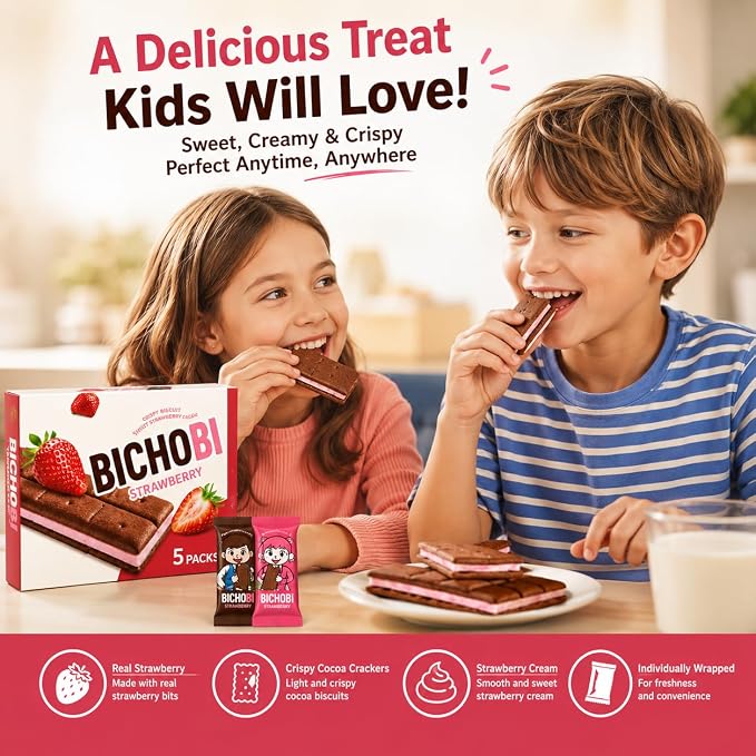 BICHOBI Strawberry Chocolate Biscuit Sandwich Cookies, 5 Packs, Korean Snack