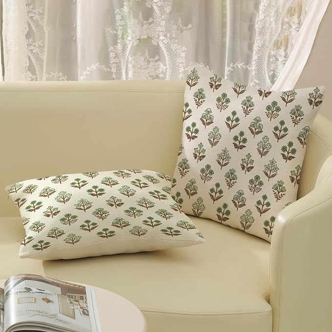 Farmhouse Floral Block Print Pillow Covers 18x18 Set of 2, Vintage Rustic Decorative Throw Pillows Modern Flower Cushion Covers for Sofa Couch Bed Living Room Home Decor, Sage Green Brown