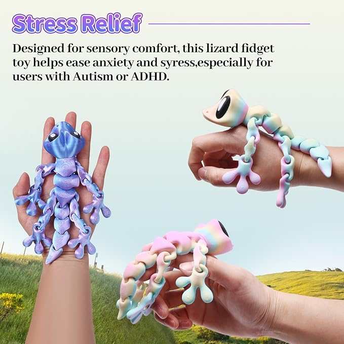 3D Printed Articulated Lizard, Flexible Dynamic Animals Toys, Full Articulated Toy with Magnets, Adults Fidget Toys for Autism ADHD, Home Office Decor, Festival Gifts (Blue Purple)