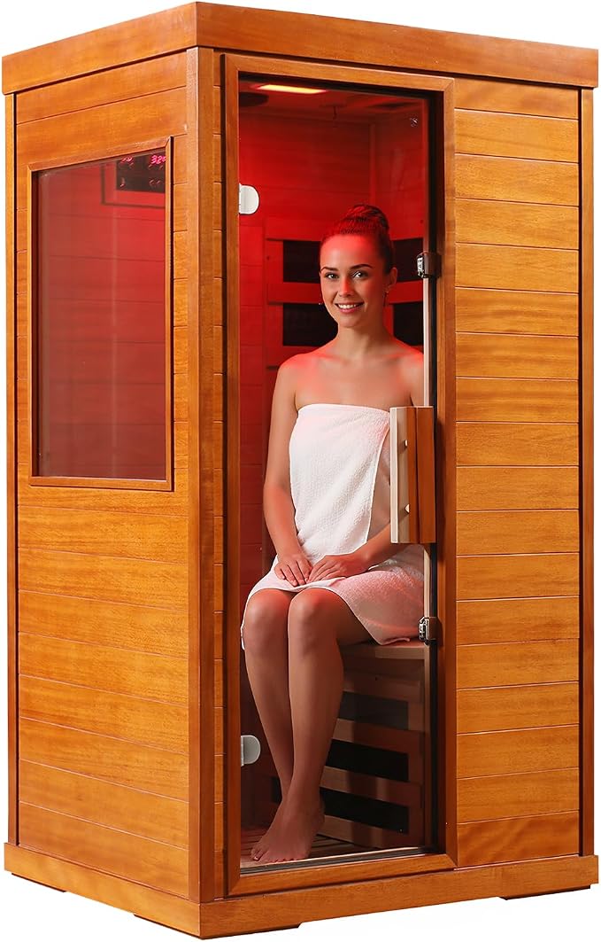 Bowear Far Infrared Sauna for 1-2 Person, 110V 1120W Indoor Home Sauna with Bluetooth Audio, 7 Colors Light Therapy, Reading Lamp, Time & Temperature Adjustable, Oguman Wood Dry Sauna