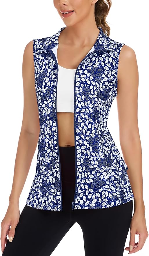 Women's Golf Vest with Pleated Tennis Skirt Hem Lightweight Full Zip Sleeveless Athletic Shirts with Pockets