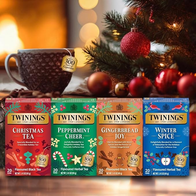 Twinings Holiday Sweet & Spicy Tea Variety 2-Pack – Caffeinated Tea and Caffeine-Free Winter Spice Herbal, Christmas Gift, 20 Tea Bags Ea