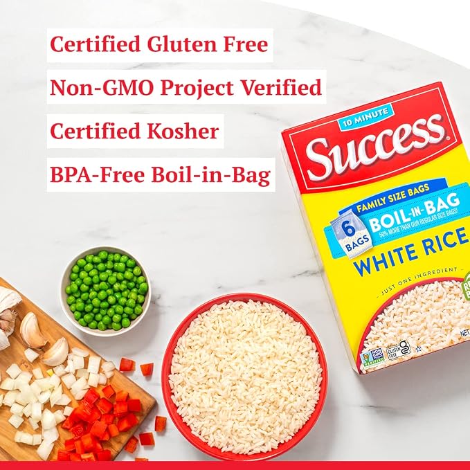 Success Boil-in-Bag Rice, White Rice, 32-Ounce Box, Pack of 6 | Precooked rice bag for quick and easy meals, stovetop or microwave, ready in 10 minutes, gluten-free, kosher, non-GMO