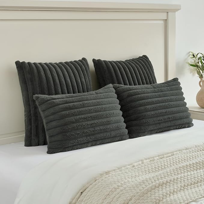 FUTEI Pack of 2 Faux Fur Throw Pillow Covers 26x26 Inch, Dark Grey | Fluffy Faux Rabbit Fur Front/Premium Velvet Back,Hidden Zipper,Machine Washable,Non-Shedding,Colorfast,Insert Not Included.