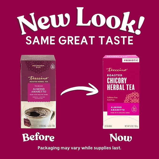 Teeccino Herbal Tea - Almond Amaretto - Rich & Roasted Herbal Tea That's Caffeine Free & Prebiotic for Natural Energy, 25 Tea Bags