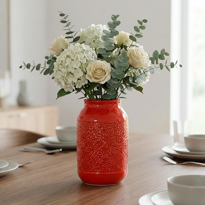 Red Ceramic Vase for Home Decor - 9 Inch Boho Modern Flower Vase for Pampas Grass, Pottery Decorative Vases for Centerpiece, Living Room, Mantle, Bookshelf, Table Decor