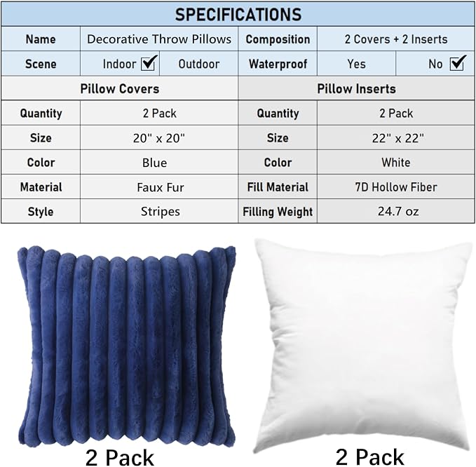 Decorative Throw Pillow with Inserts, Set of 2 Soft Faux Fur Throw Pillows, Square Boho Striped Pillow for Couch, Bed, Sofa Decor (Blue, 20" x 20"(Pack of 2))