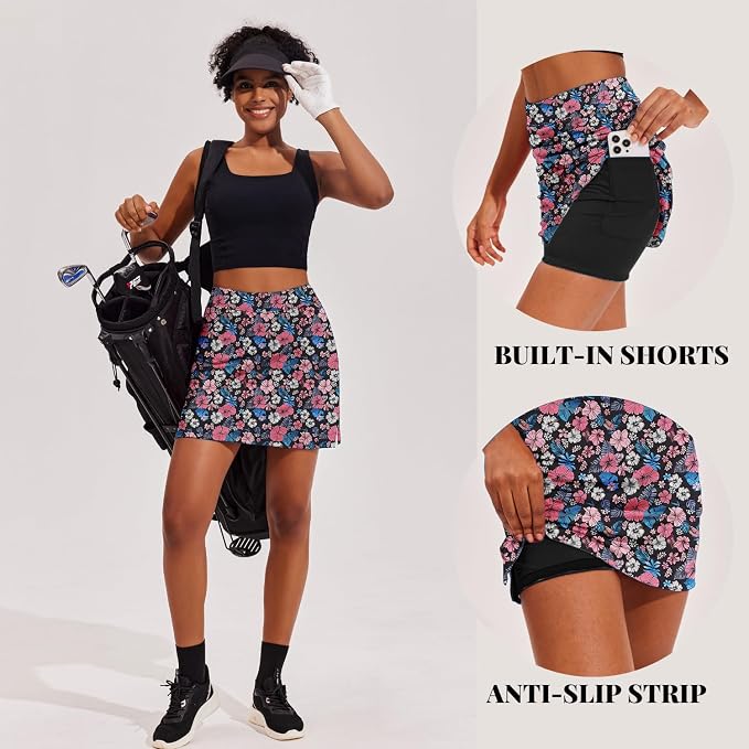 Ekouaer 16" Skorts for Women with Pockets Golf Pickleball Tennis Skirt | Silicone Grippers,2 Inner Pockets,Wide Waist,Side Slit Hem,Breathable,Soft,Lightweight