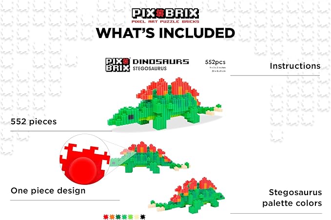 Pix Brix Pixel Art Puzzle Bricks – Dinosaur Series, Stegosaurus – Patented Building Brick Set to Recreate Your Favorite Dino, Includes 552 Pieces – Create 3D Builds Without Water, Iron or Glue