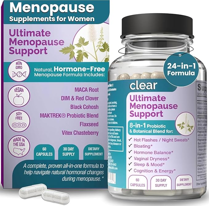 Clear Menopause Support for Women | 25-in-1 Formula with Black Cohosh, Dong Quai, Pre & Probiotics | Hot Flashes, Night Sweats, Mood, Sleep & Digestion | Hormone-Free | Made in USA | 180 Capsules