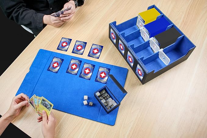 GEAoffice Trading Card Storage Box with Commander Display, 3200+ Card Deck Case with Magnetic Removable Lid, 4-Row Deck Box for MTG/TCG/Sports/Games, 10 Stoppers, 24 Dividers, 1 Dice Tray, Black Blue