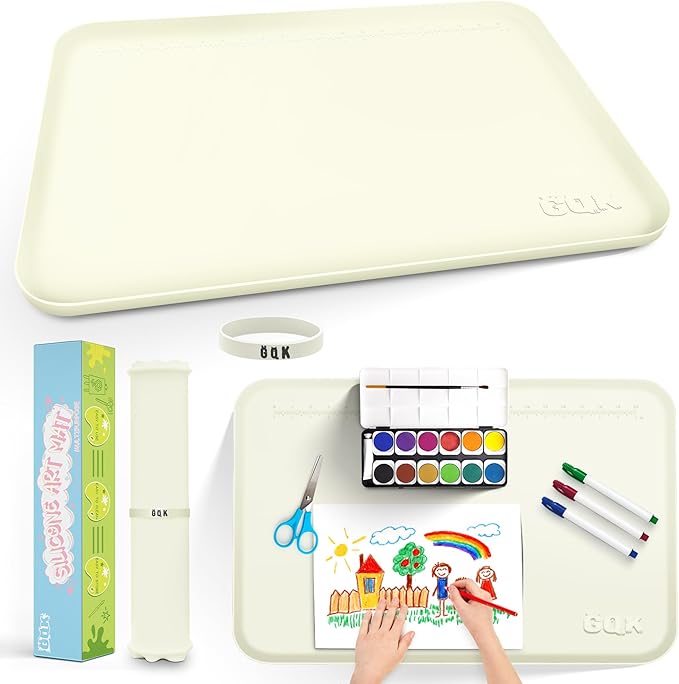 Silicone Art Mat for Crafts, 24" x 16" Painting Mat for Kids with Raised Sides to Stay Tidy, Paint Craft Mats for Clay, Resin, Slime, Jewelry-Making & Crafts Creation (White)