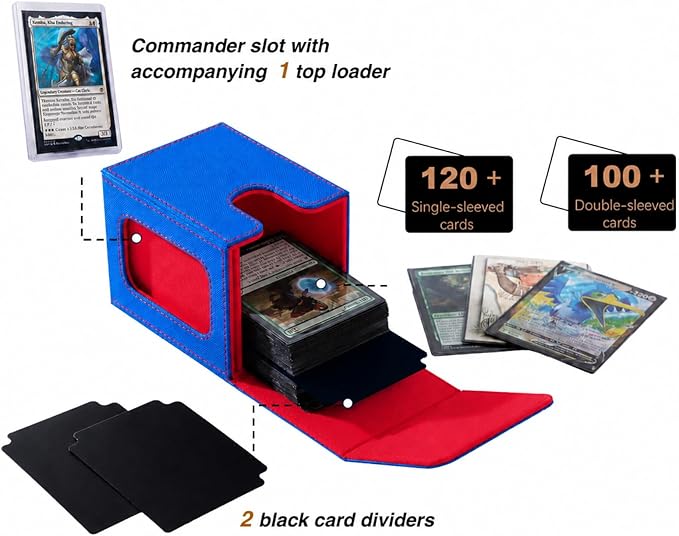 Venssu MTG Deck Box for Commander Display,Card Deck Box Fits 100 Double Sleeved Cards,TCG with 2 Dividers and 1 Toploader (Blue and Red)