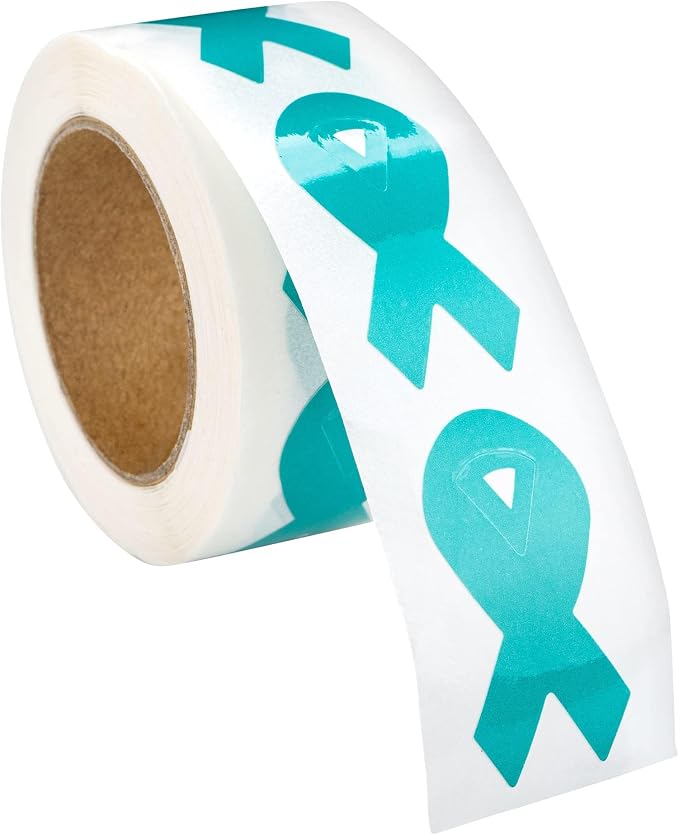 Small Teal Ribbon Shaped Awareness Stickers for Ovarian Cancer, Rape, Sexual Assault, Agoraphobia, Anxiety Disorder, Fragile X Awareness - 2 Rolls
