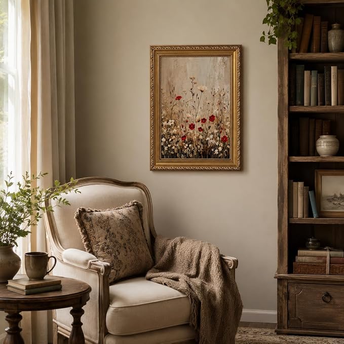 Framed Wildflower Canvas Wall Art,Neutral Plant Picture Wall Decor24x16in | Country Cottagecore Floral Print Artwork For for living room, bedroom, hallway, office or entryway