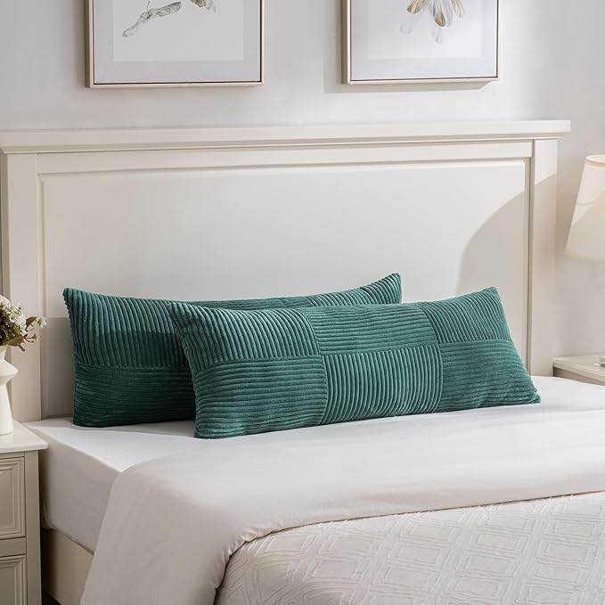 Fancy Homi Set of 2 Teal Boho Long Lumbar Body Decorative Throw Pillow Cover 14x36 Inch for Bed Couch Bedroom Bench, Soft Patchwork Corduroy Textured Pillow Case, Rustic Farmhouse Room Décor