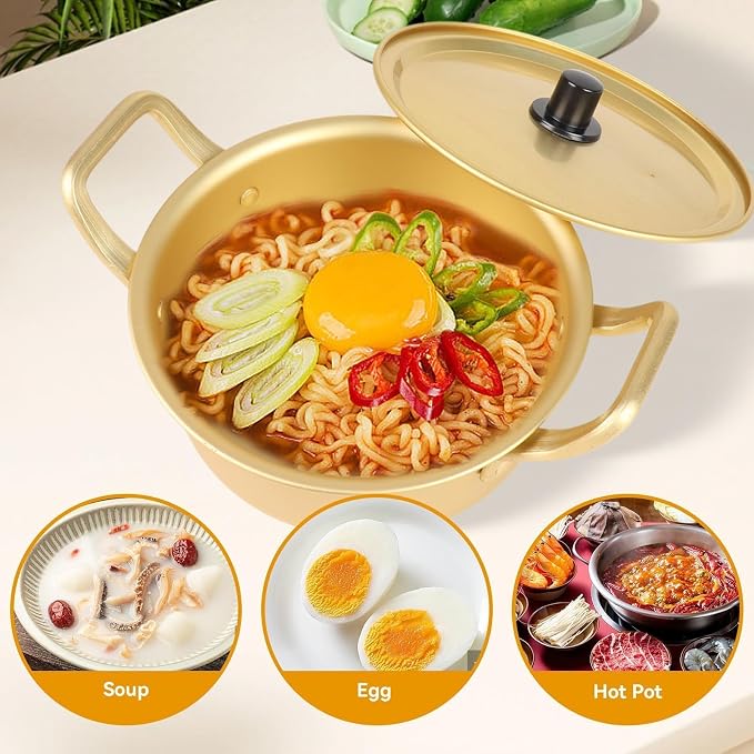 Korean Ramen Pot, Aluminum Noodle Pot with Lid Portable Korean Cookware Traditional Hot Pot Korean Noodle Cooker Fast Heating for Ramen, Soup, Pasta, Camping, Gold, 16cm