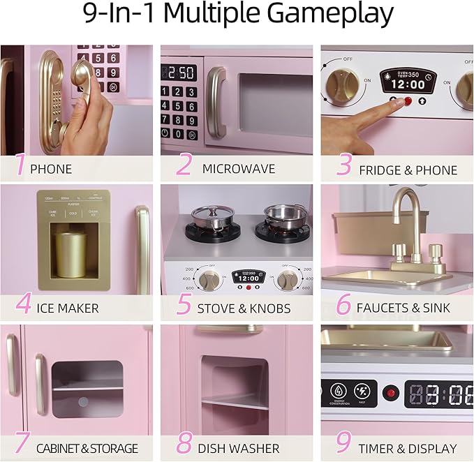 Play Corner Kitchen, Ultimate Interactive Wooden Kids Playset with Light, Light, Montessori Pretend Play Toys, Kids Cooking Playset for Girls & Boys Ages 3+(Pink)