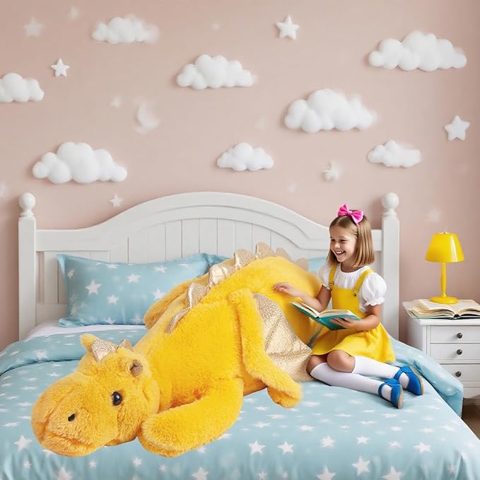 ARELUX Giant 52in 3Lb Big Yellow Dragon Large Stuffed Animals Cute Plush Toy Fuzzy Jumbo Dinosaur Pillow Plushies with Wings Cuddly Soft Green Pterosaur Plushie for Friends Family Member