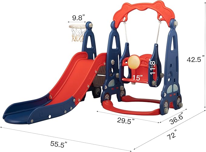 4 in 1 Slide Climber Swing Set, Freestanding Toddler Slide Climber Playset with Basketball Hoop, Toddler Playground Indoor Outdoor, Easy Setup (Red)