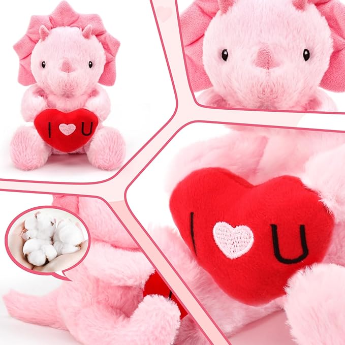 Valentine's Day Gifts for Kids, Pink Dinosaur Stuffed Animal with Heart, Cute Soft Triceratops Plush Gift for Him, Her, Boyfriend, Girlfriend, Families, Birthday Anniversary to Show Love